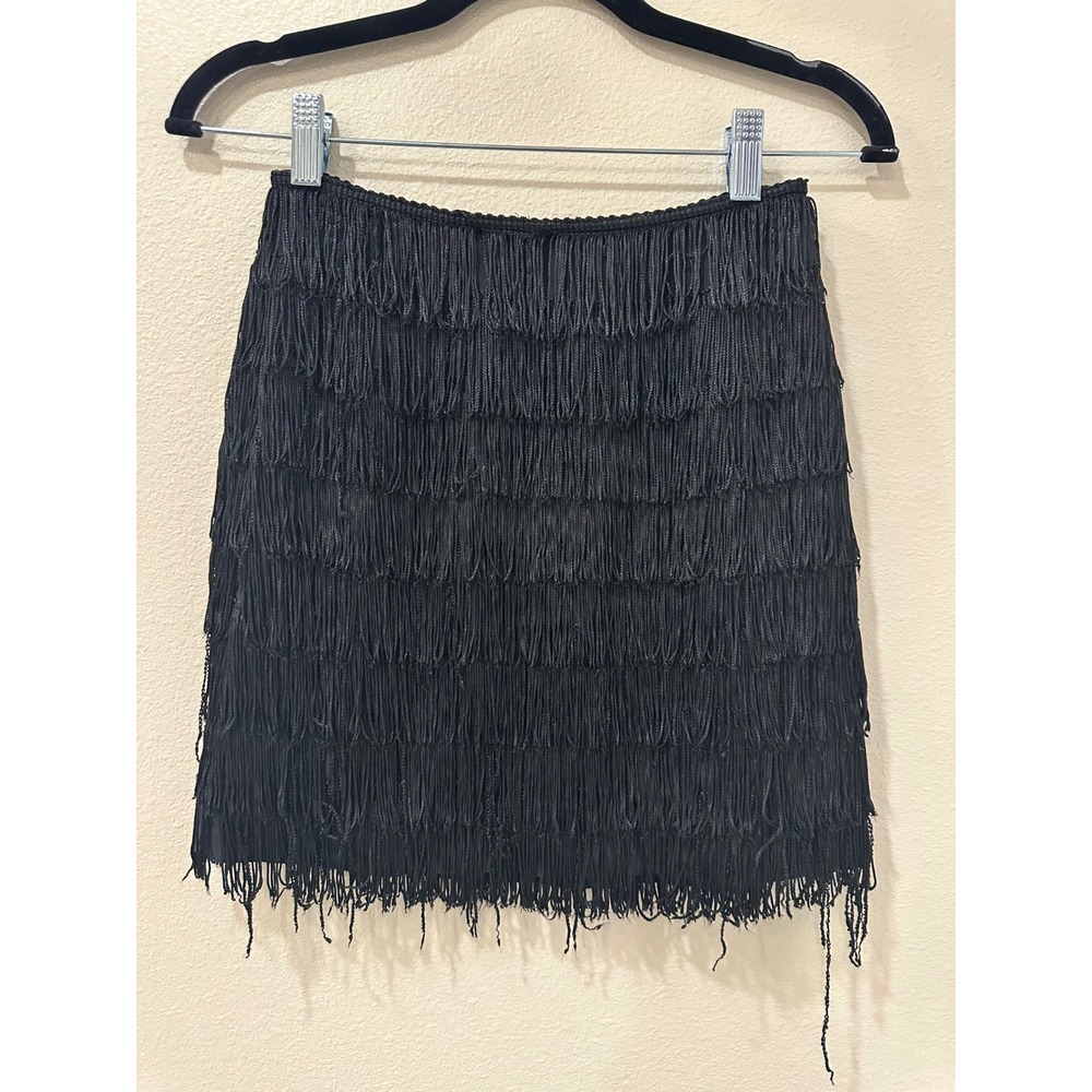 DKNY Donna Karan New York Black Tiered Fringe Mini Skirt Size 4 Rayon Party Wear
